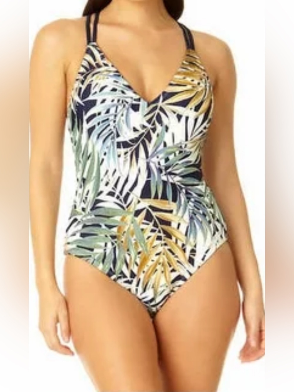 NWT Hurley Tropical Leaf Print One-Piece Swimsuit - Navy, White, Green, Gold Sz